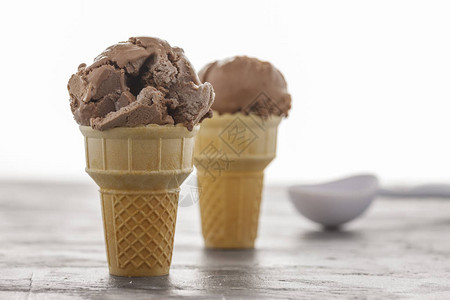 两个巧克力冰淇淋甜筒的特写图片
