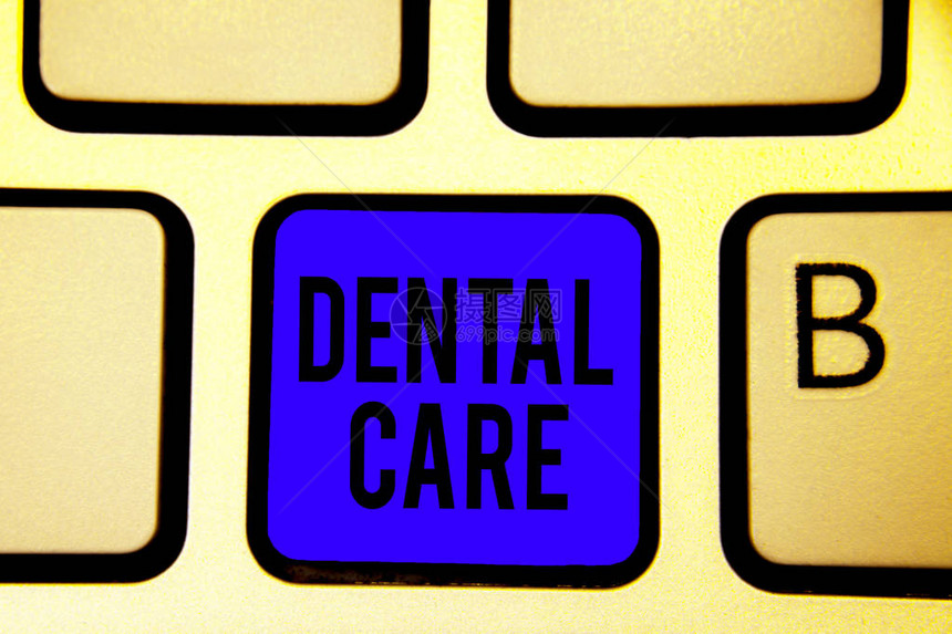 显示牙科护理的文字符号健康牙齿的概念照片维护或为未来保持清洁键盘蓝键意图创建计算机图片