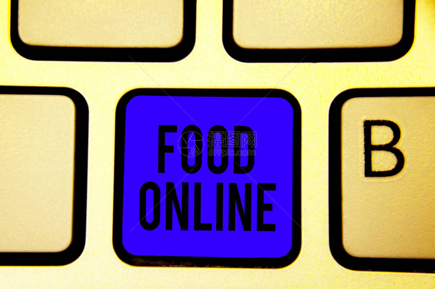 显示在线食品的文字符号使用电话应用程序或网站要求吃东西的概念照片键盘蓝键意图创建计算机图片