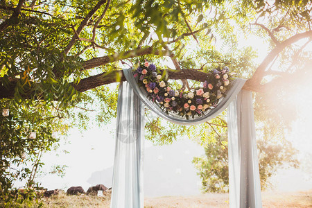 日落的婚礼仪式拱门装饰在大树上挂着灰布图片