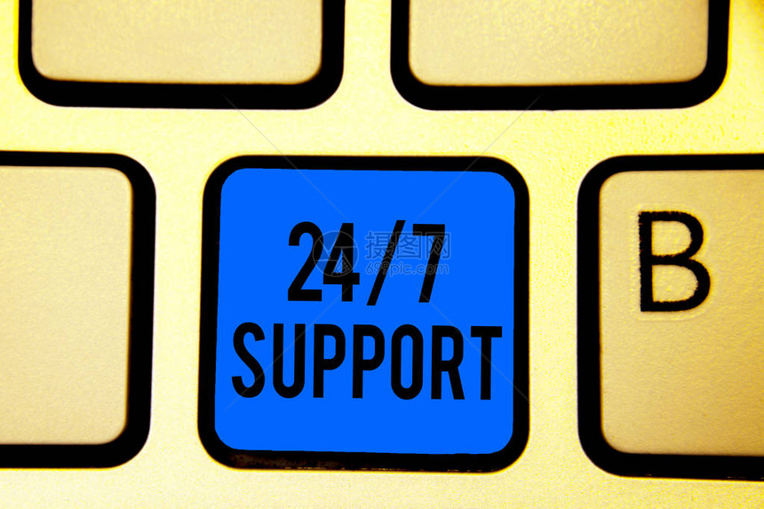 概念手写显示247支持商务图片文字全天候协助服务不停机键盘蓝键意图计算机图片