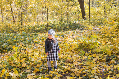 家庭儿童和季节概念小快乐的女童在秋图片