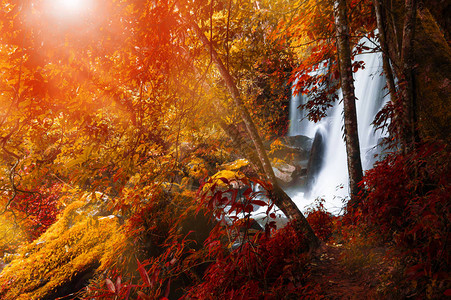 瀑布瀑布和秋色变化的瀑布图片