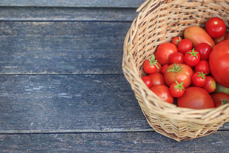 木制背景上篮子里的西红柿秋收夏秋季采收自制蔬图片