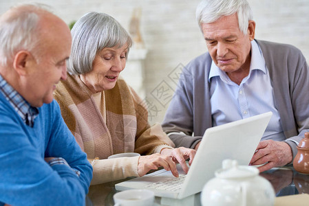 一群年长优雅的男女一起喝茶和浏览笔记本电脑图片