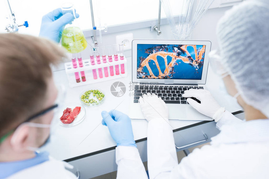 科学家对持有含食品溶液样本的玻璃瓶和在实验室测试的植物DNA观察模型的观测结果的作物分图片