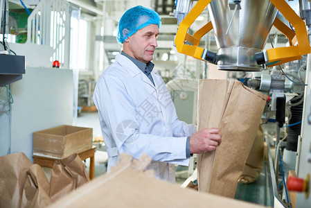 现代食品工厂包装部门高级工厂人填纸袋的侧面肖像图片