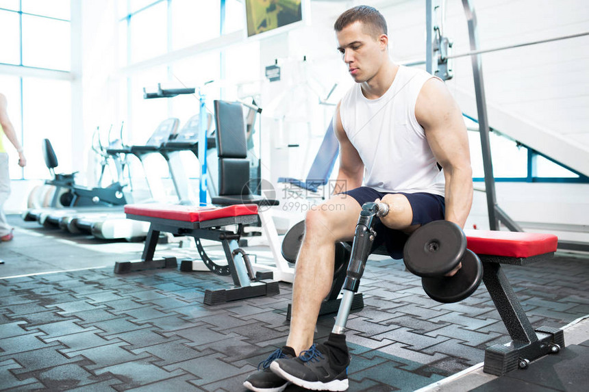 在健身房锻炼的肌肉男用哑铃锻炼图片