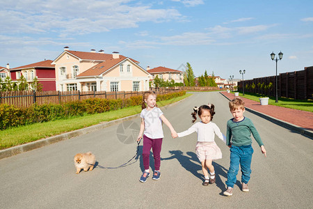 3名儿童在阳光下向摄像机走去时行宠物狗图片