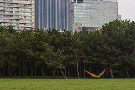 现代公园内设有公共吊床的休息区图片