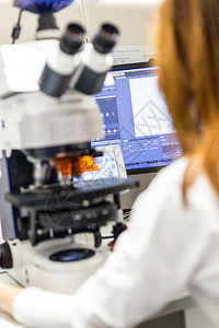 女科学家在高频荧光显微镜上进行微范围检查图片