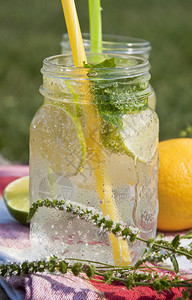 在玻璃罐中用柠檬和石灰片装饰冷清酒图片