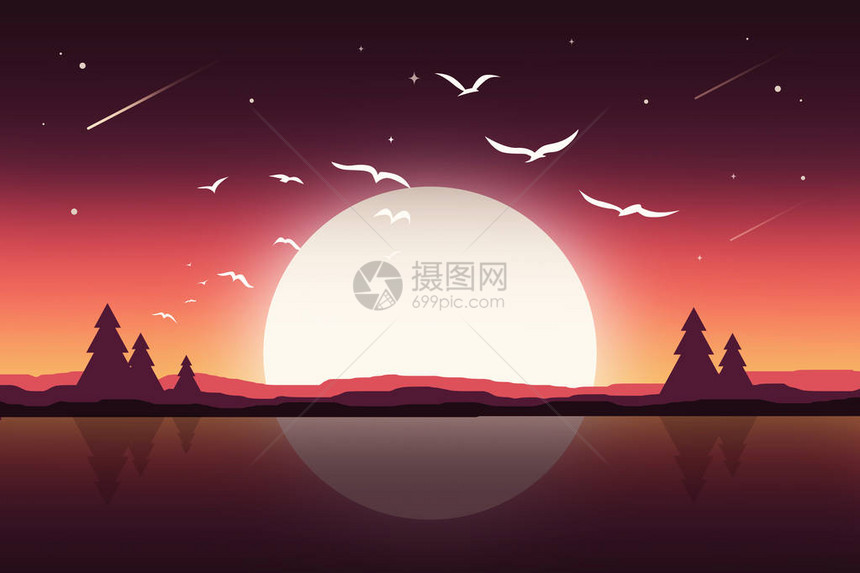 与湖泊和森林的夜景图片