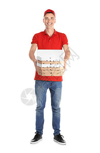 白底带披萨盒的年轻人食品交付服务请访问InfoFin图片