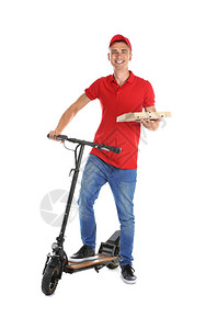 年轻人带披萨盒和白色背景踢脚踏车的比萨盒图片