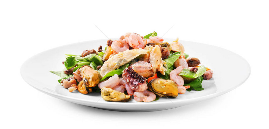白色背景海鲜美味蔬菜沙拉盘图片