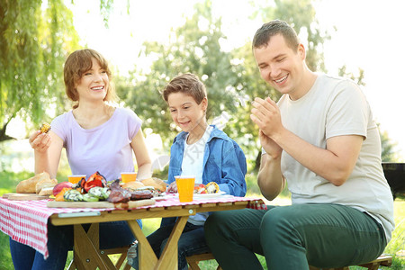 快乐的家庭在夏日野餐图片