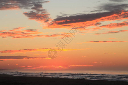 男人在黎明的太平洋海滩上漫步在戏图片