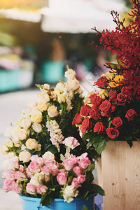 市场上不同花朵的美丽玫瑰图片