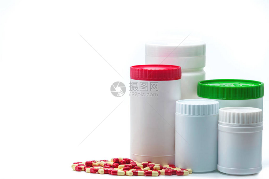 抗生素胶囊丸与空白塑料瓶容器隔离在白色背景医药行业药房背景抗菌药物耐药全球图片