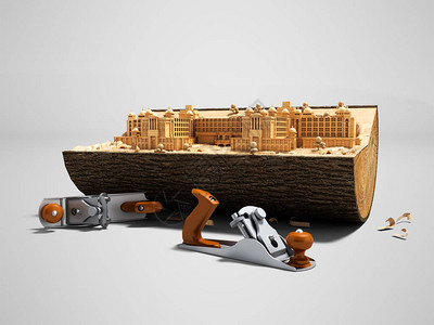 在木甲板上建造你的宫殿的概念用3d型手平面使灰色背景和影子图片