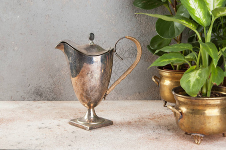 混凝土背景的黄铜和老旧花盆中的古金属咖啡壶和绿色植物图片