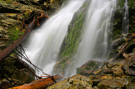 瀑布和青苔的绿色石头图片