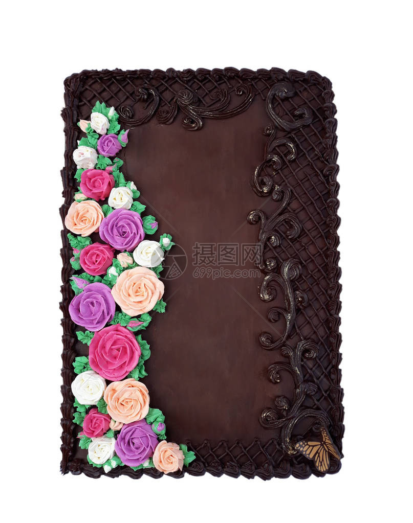 一个大巧克力蛋糕以一本书的形状奶油花图片