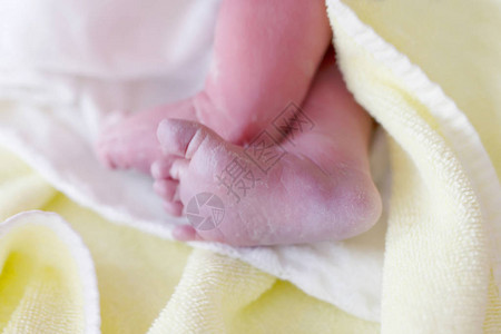 出生后几秒钟和几分钟的新生儿的脚可爱的小新出生的女婴在毛巾上新生活背景图片