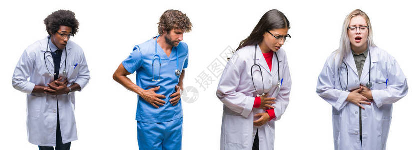 一群医生护士外科医生在与世隔绝的背景下手放在肚子上图片
