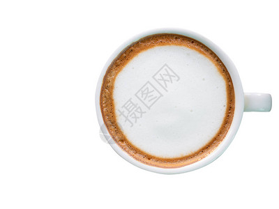 热咖啡在白色背景上隔绝的泡沫牛奶这里图片