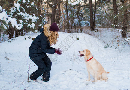 快乐的年轻美女在冬天把雪花从她的手吹到她的狗金色猎犬身上图片