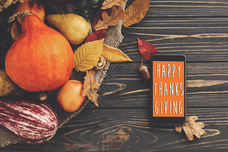 电话空屏上的感恩节快乐短信和美丽的南瓜背景图片