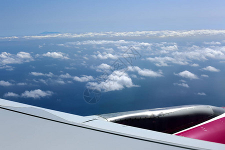 飞机翼下的多云天空背景图片