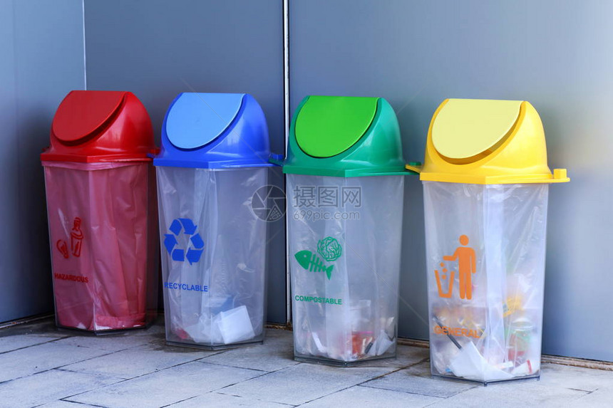 Bin回收桶塑料废物箱废旧红色黄蓝和绿色4类废图片