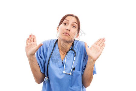 无知的女护士或医生不知道手势和表情作为医院职业压力概念孤图片