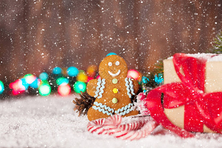 圣诞礼品箱糖果甘蔗姜饼人和雪花树Xma贺卡图片