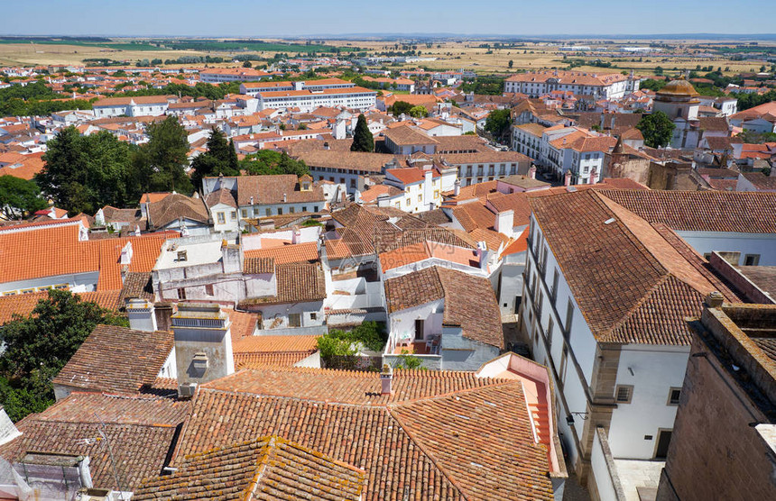 葡萄牙在教堂屋顶上对埃沃拉大教堂塞周围城市住宅的景象的看图片