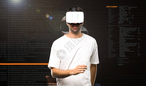 使用VR眼镜行走的人在虚拟现实模图片