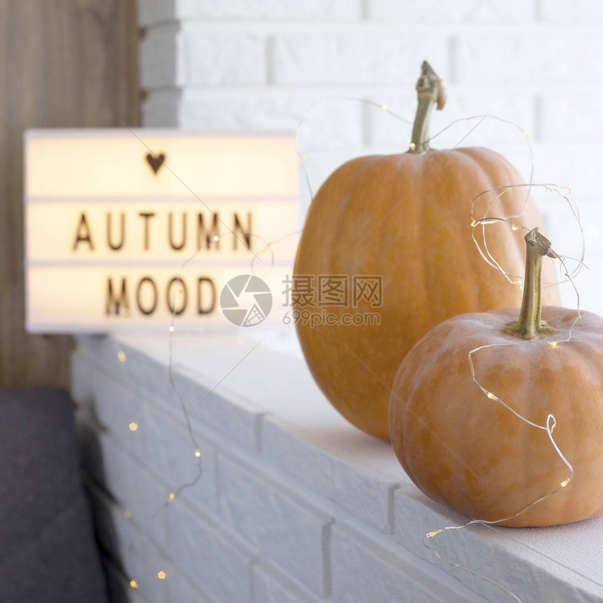房间白色室内的黄色秋葫芦和带有秋天心情的装饰灯架秋季舒适简图片