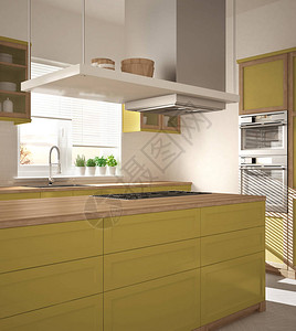 现代木制和黄色厨房图片