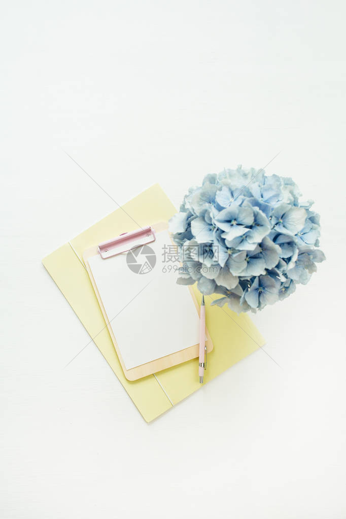 剪贴板在白色背景上装有纸片空白和蓝色的花束平坦的躺着图片