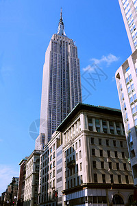 美国纽约华尔街金融街美国纽约曼哈顿蓝天背景的纽约摩背景