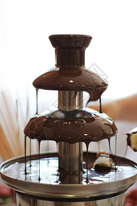 巧克力喷泉中滴落的巧克力下的一根棍子上的水果庆祝活动中美图片