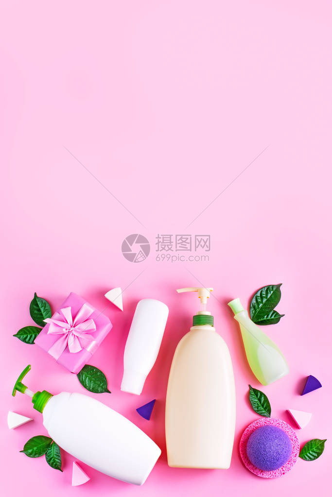 装饰包装塑料瓶洗发水奶油淋浴乳胶绿叶海绵盒礼品弓天然有机产品皮肤和理发购物粉红色图片