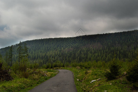 云层下通往山林的道路前景越来暗图片