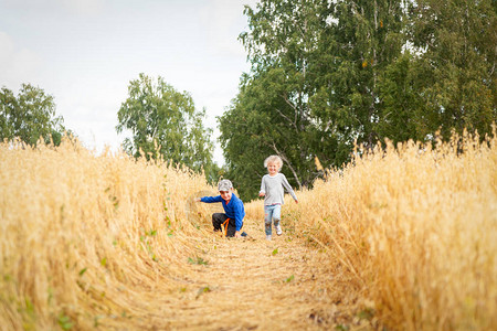 小男孩和女孩在阳光下的麦田里奔跑图片