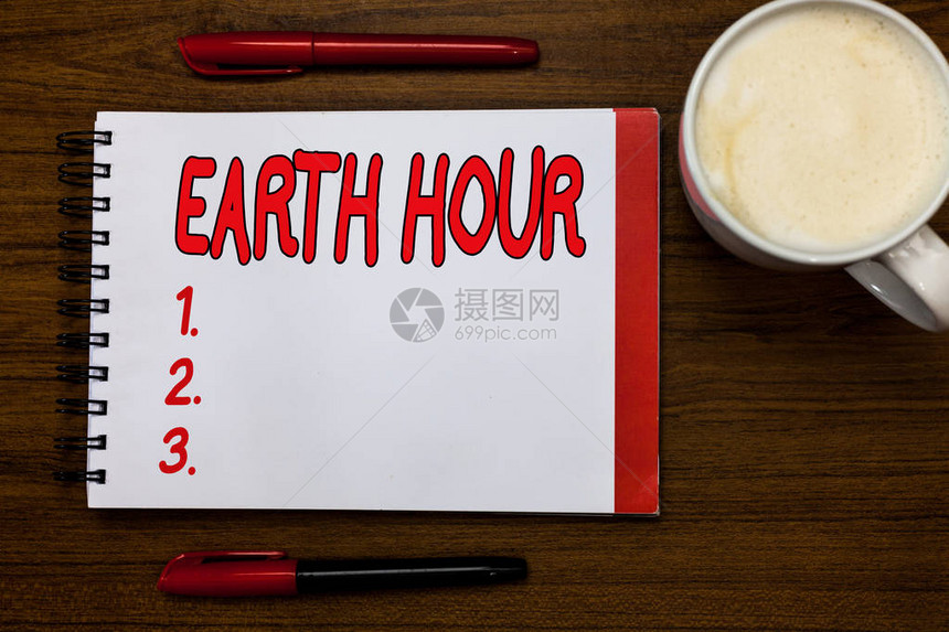 手写文字书写地球一小时概念意义全球运动呼吁对气候变化采取更大的行动开放式笔记本标记灵感交流想图片