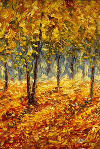 油画风景五颜六色的秋天树图片