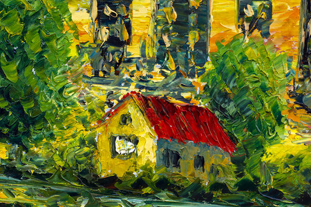 老村黄屋绿树油画与调色刀画的片段图片